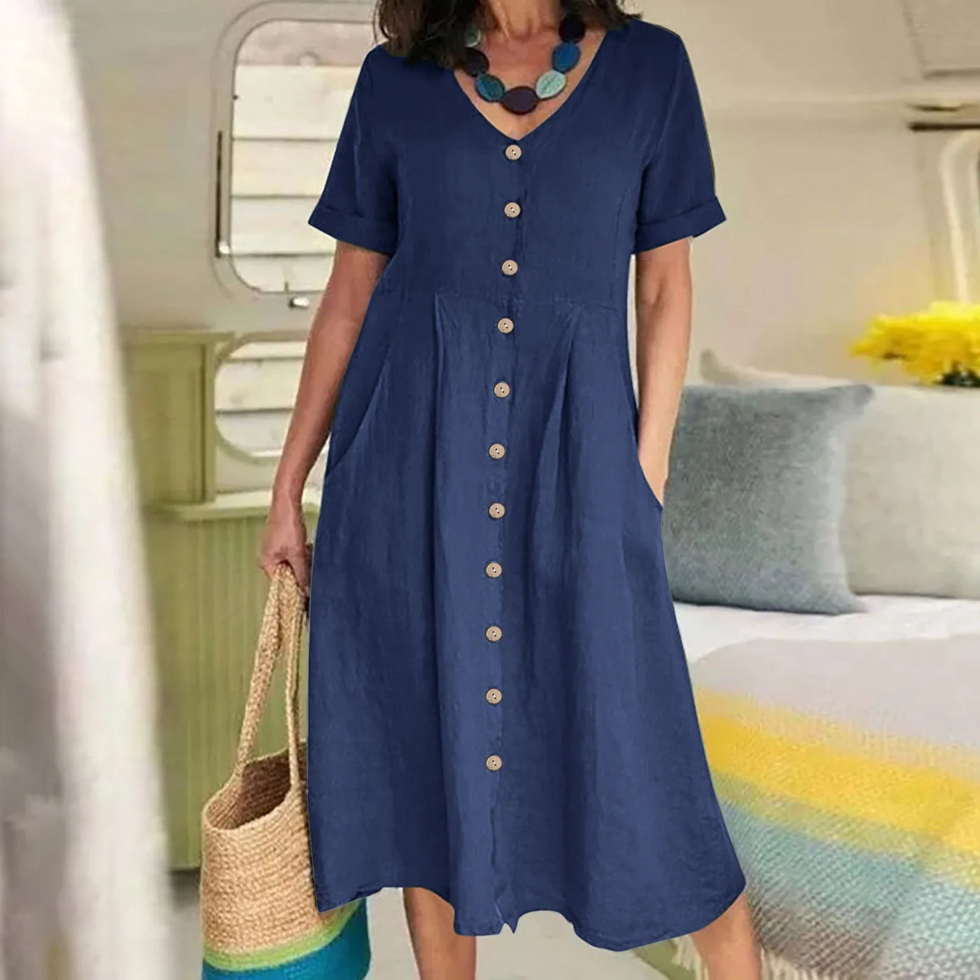 Sophie™ - Retro V-Ausschnitt Baumwoll-Leinen Lockeres Sommerkleid