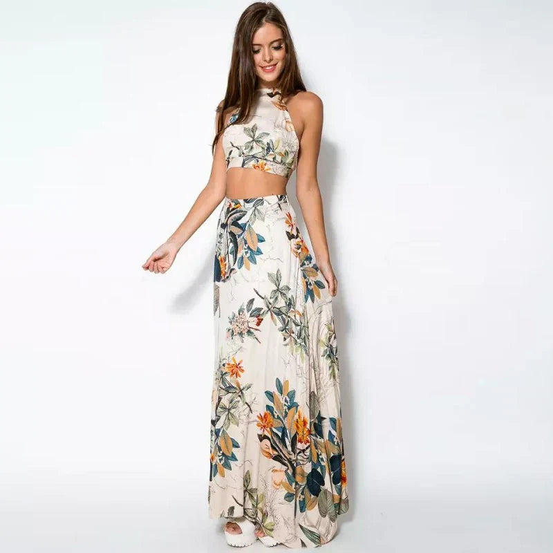 Zweiteiler mit Neckholder-Top | Fließender Maxirock | Sommerlicher Print