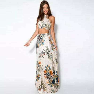 Zweiteiler mit Neckholder-Top | Fließender Maxirock | Sommerlicher Print