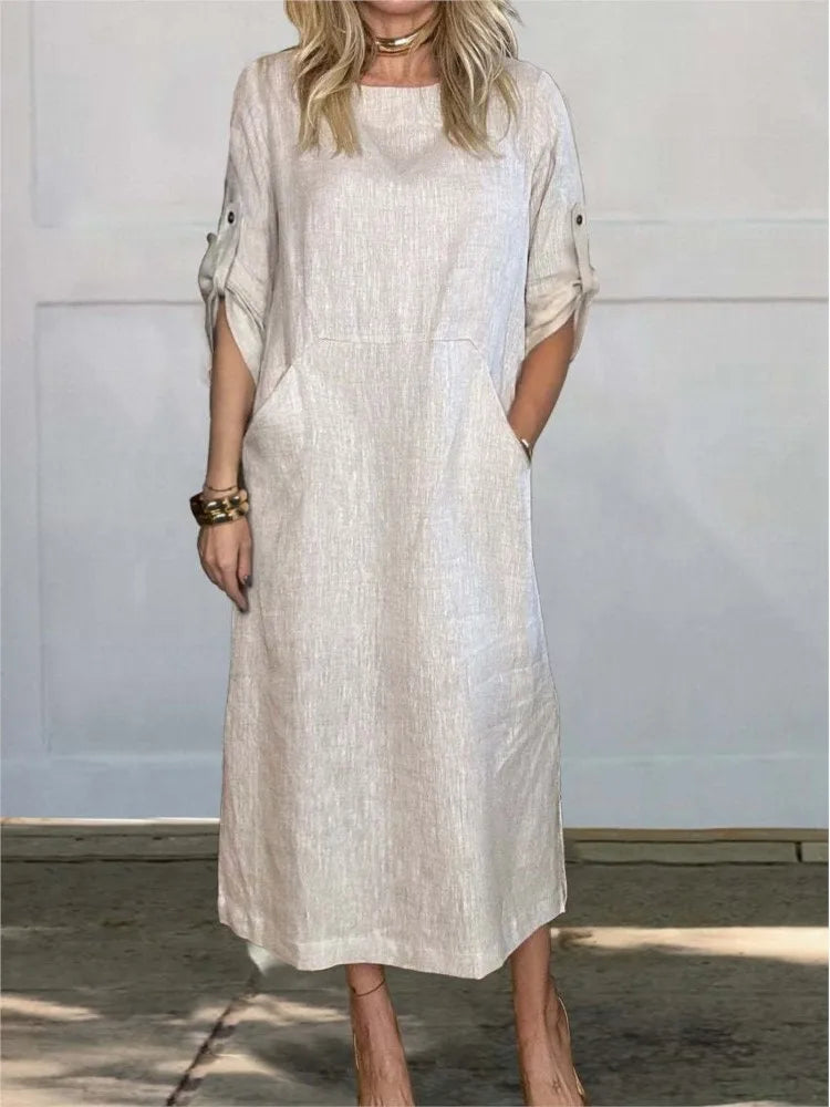 Stella™ - Stilvolles, bequemes, lockeres Leinenkleid mit kurzen Ärmeln