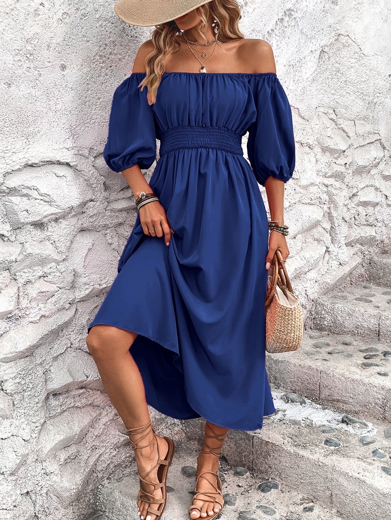 Roberta - Schulterfreies Damen Midikleid Sommer