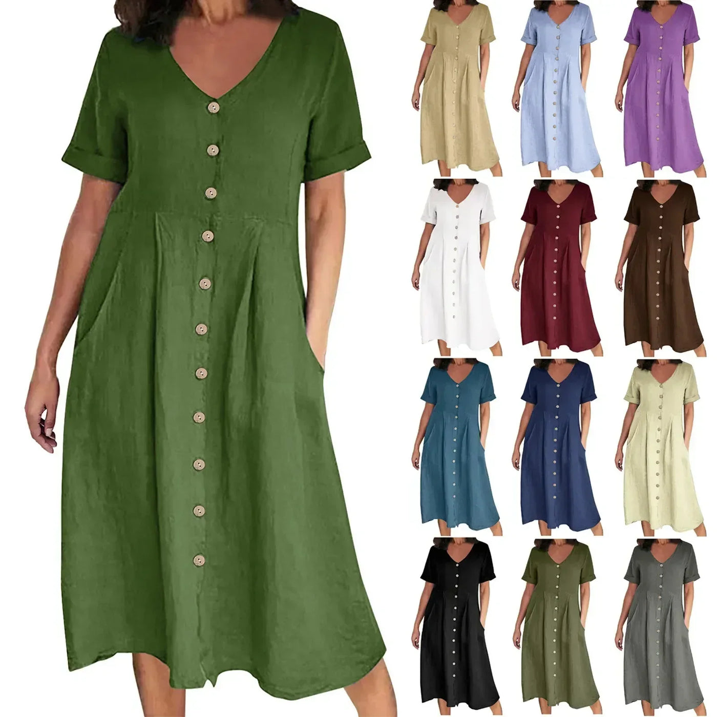 Sophie™ - Retro V-Ausschnitt Baumwoll-Leinen Lockeres Sommerkleid
