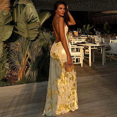 Abendkleid mit Spaghettiträgern und gold-schimmerndem Rock für Damen