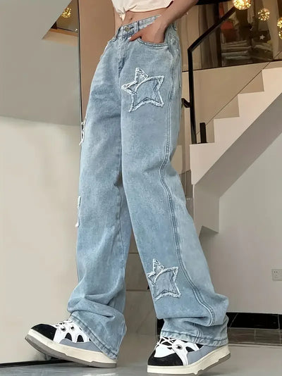 Baggy-Jeans mit Sternen-Design für Damen | Hohe Taille
