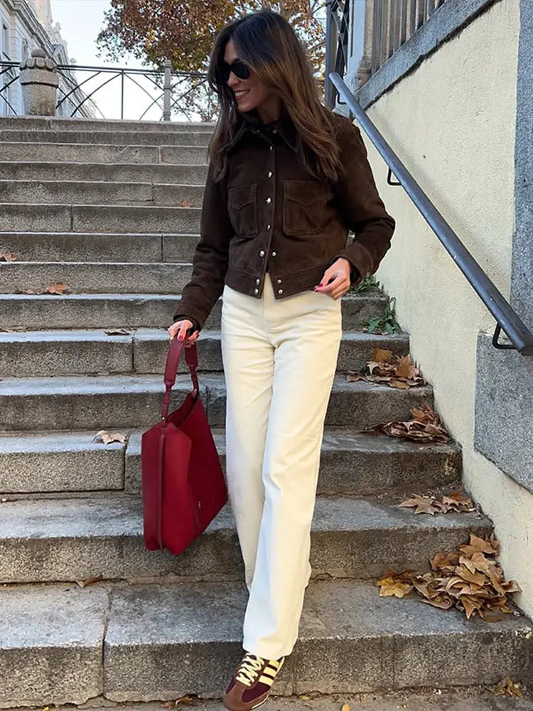 Karis | Damen Übergangsjacke Kurz Braun Mit Knöpfen & Taschen