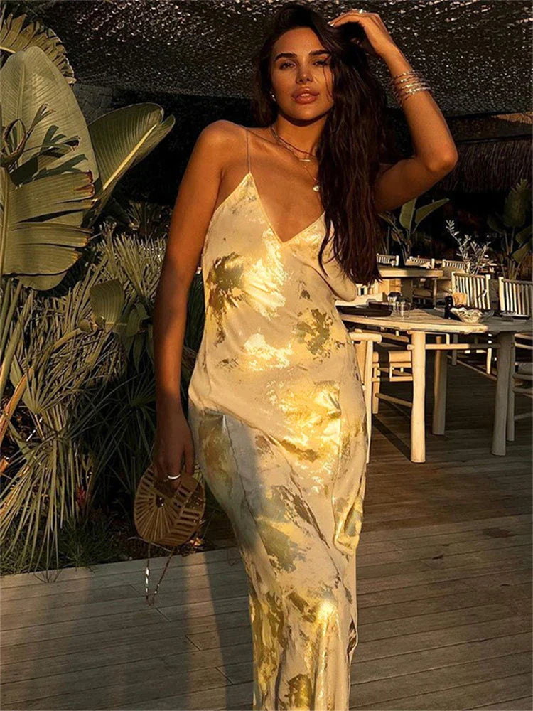 Abendkleid mit Spaghettiträgern und gold-schimmerndem Rock für Damen