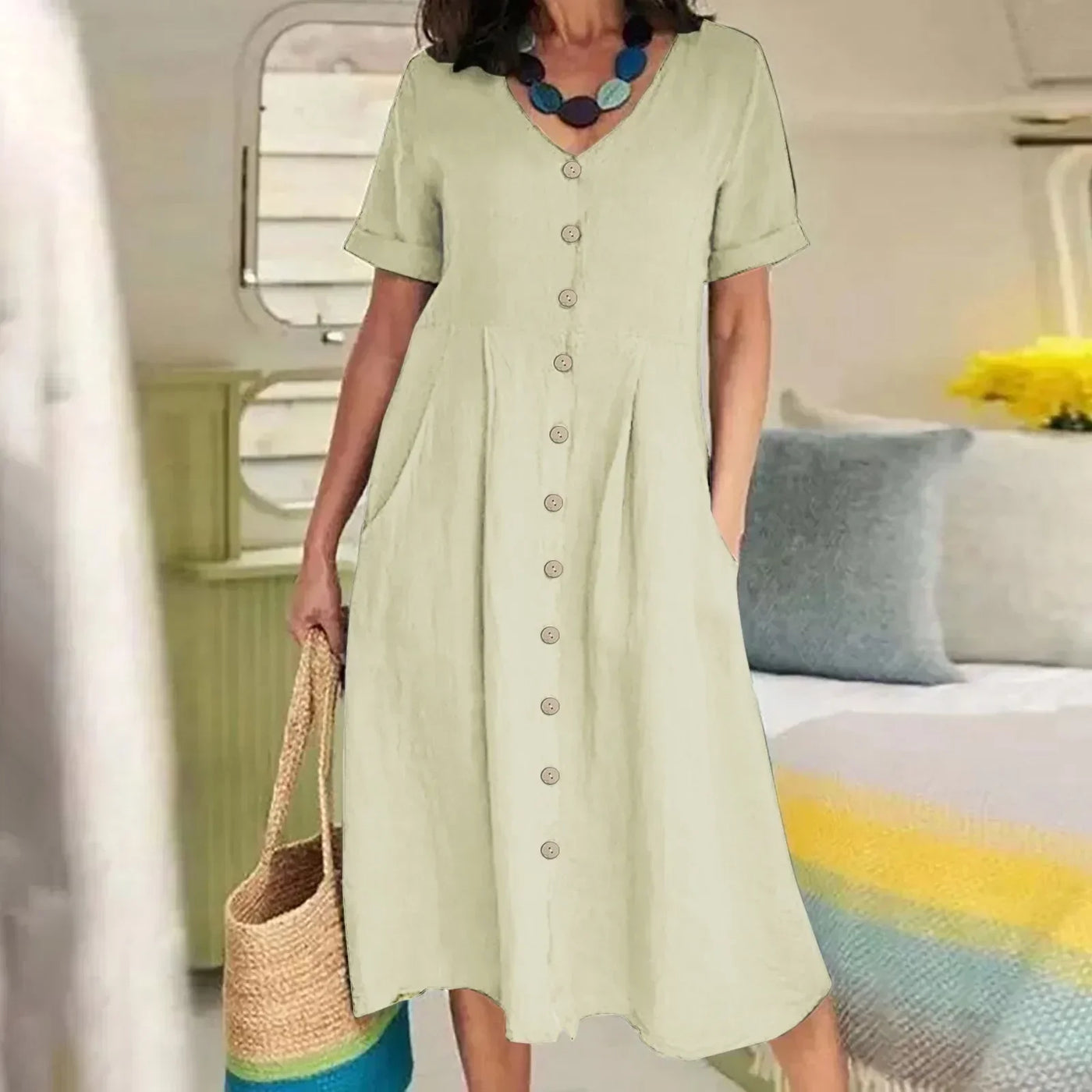 Sophie™ - Retro V-Ausschnitt Baumwoll-Leinen Lockeres Sommerkleid