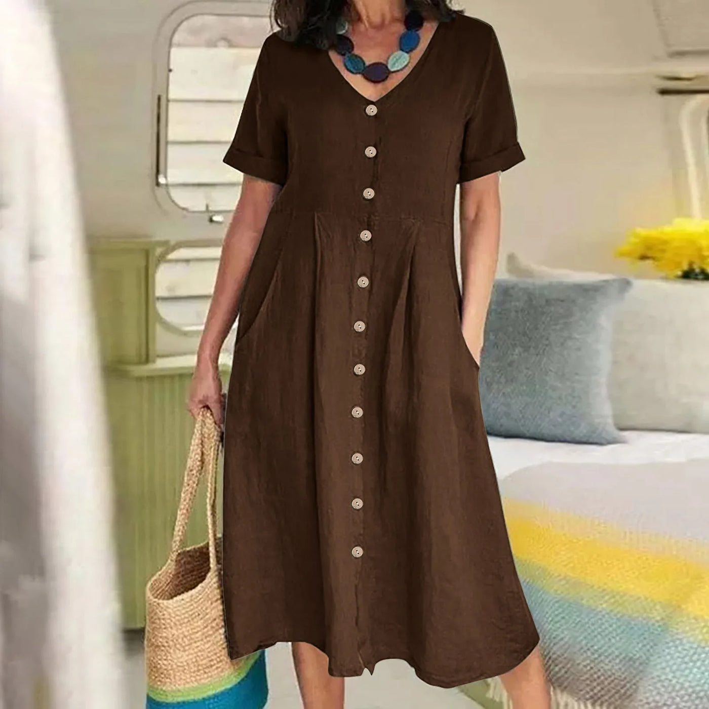 Sophie™ - Retro V-Ausschnitt Baumwoll-Leinen Lockeres Sommerkleid