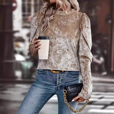 Langarm-Samtshirt | Zarter Glanz | Romantischer Stehkragen