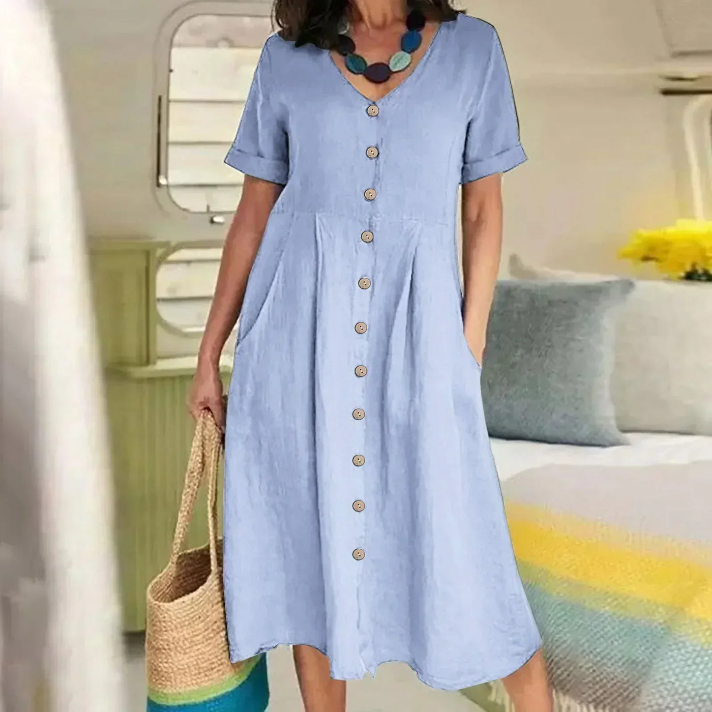 Sophie™ - Retro V-Ausschnitt Baumwoll-Leinen Lockeres Sommerkleid