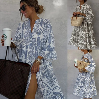Adeline | Bedrucktes V-Ausschnitt A-Linien Rock Kleid