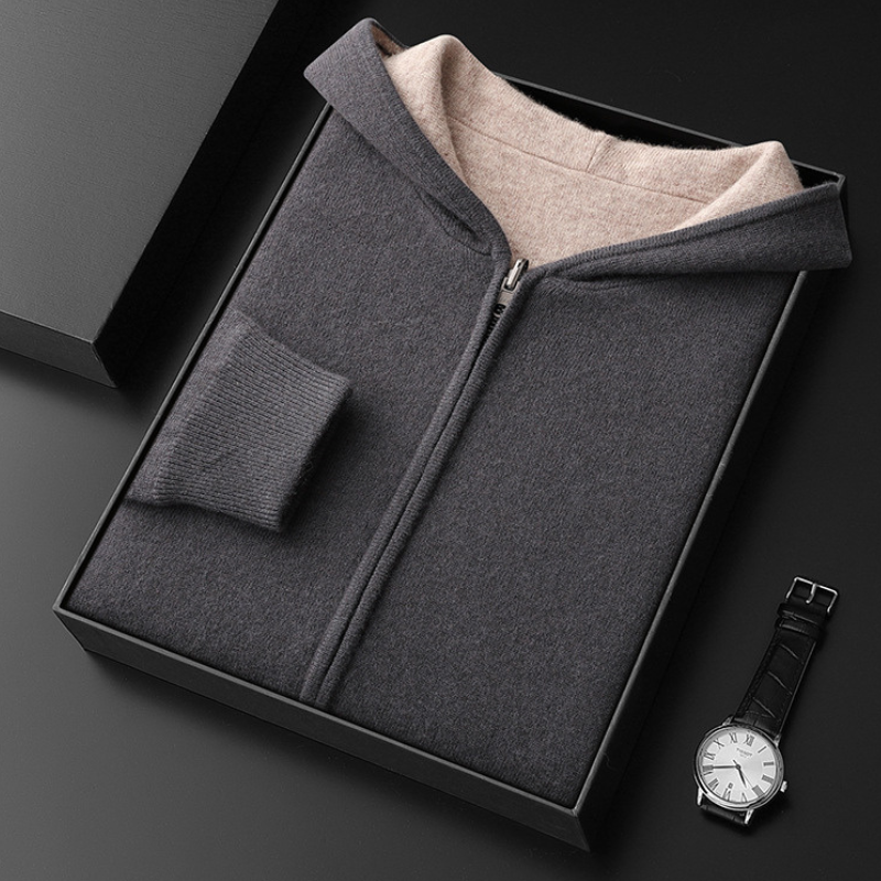 Herren Kaschmir-Wolle Kapuzenpullover mit Reißverschluss - Premium Qualität