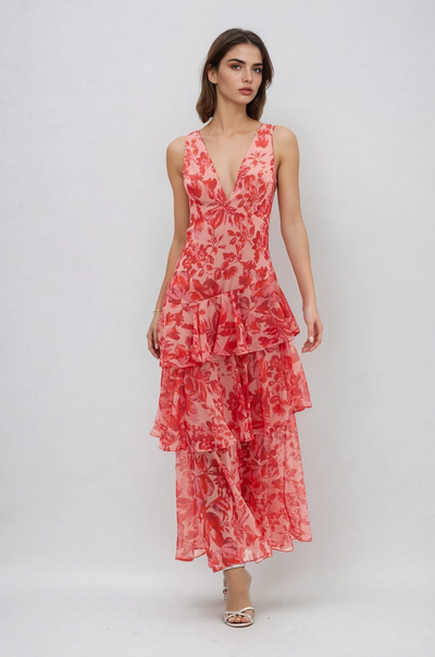 Damen-Maxikleid mit V-Ausschnitt und Volants, florales Muster