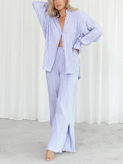 Damen Plissee Set zweiteilig | Bluse und Weite Hose für Trendige Outfits