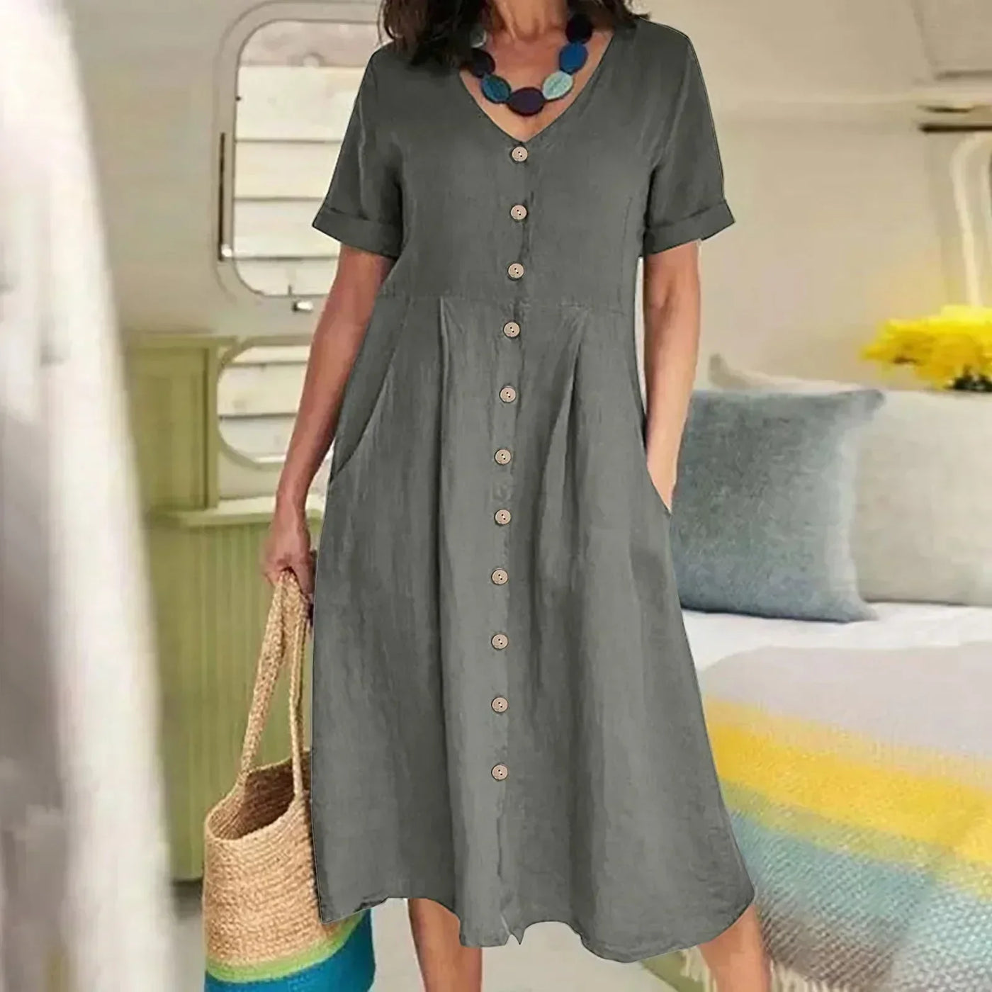 Sophie™ - Retro V-Ausschnitt Baumwoll-Leinen Lockeres Sommerkleid
