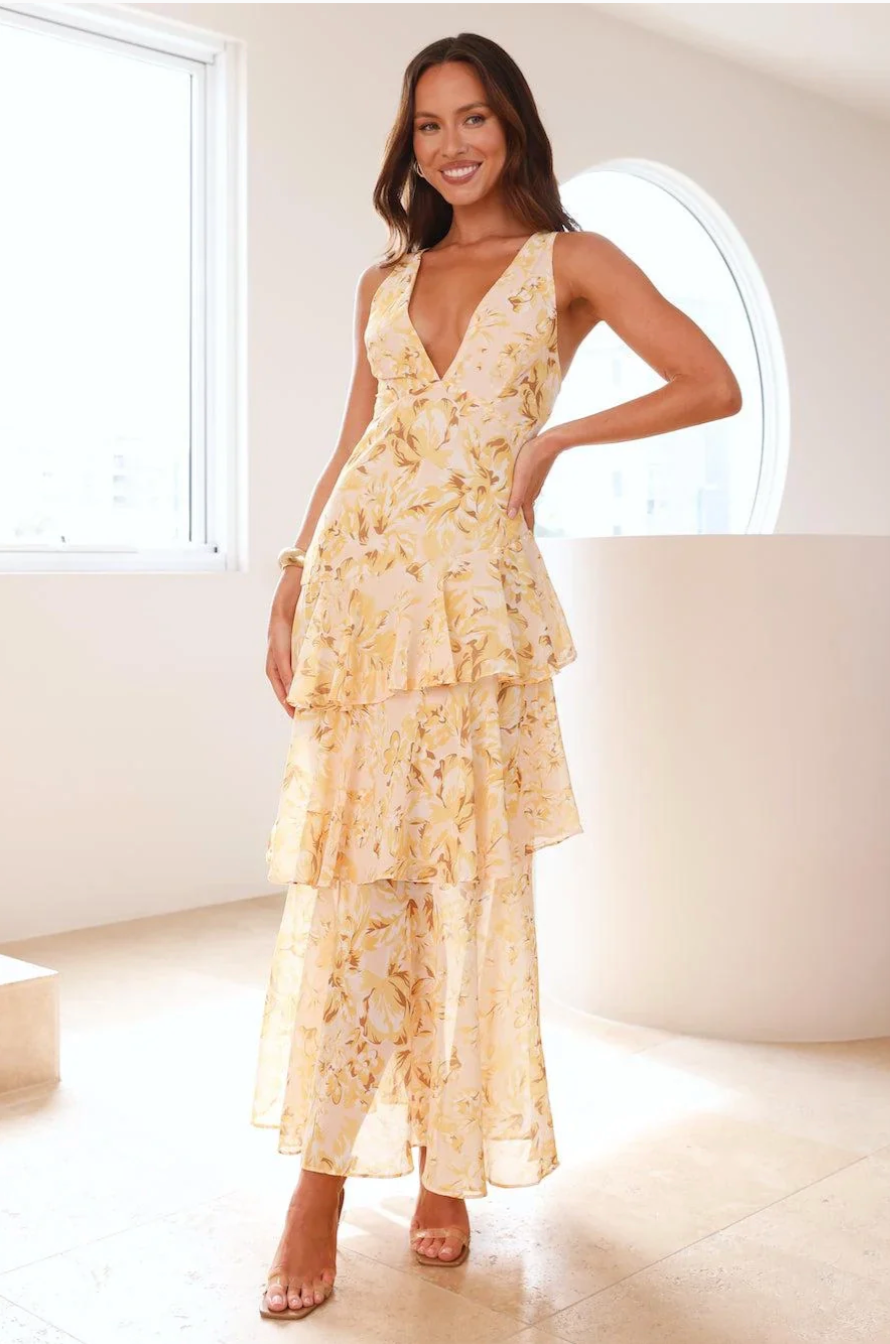 Damen-Maxikleid mit V-Ausschnitt und Volants, florales Muster