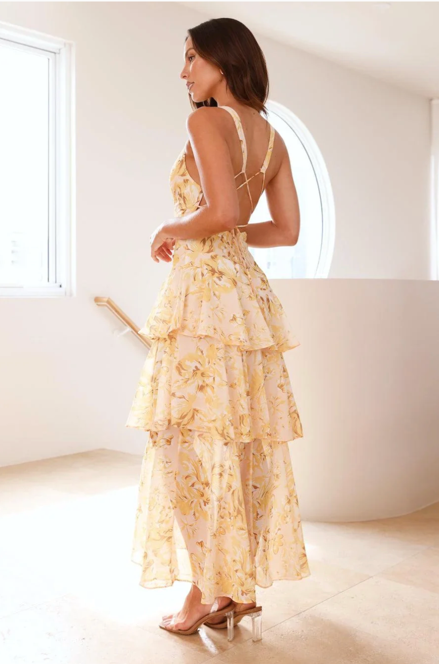 Damen-Maxikleid mit V-Ausschnitt und Volants, florales Muster