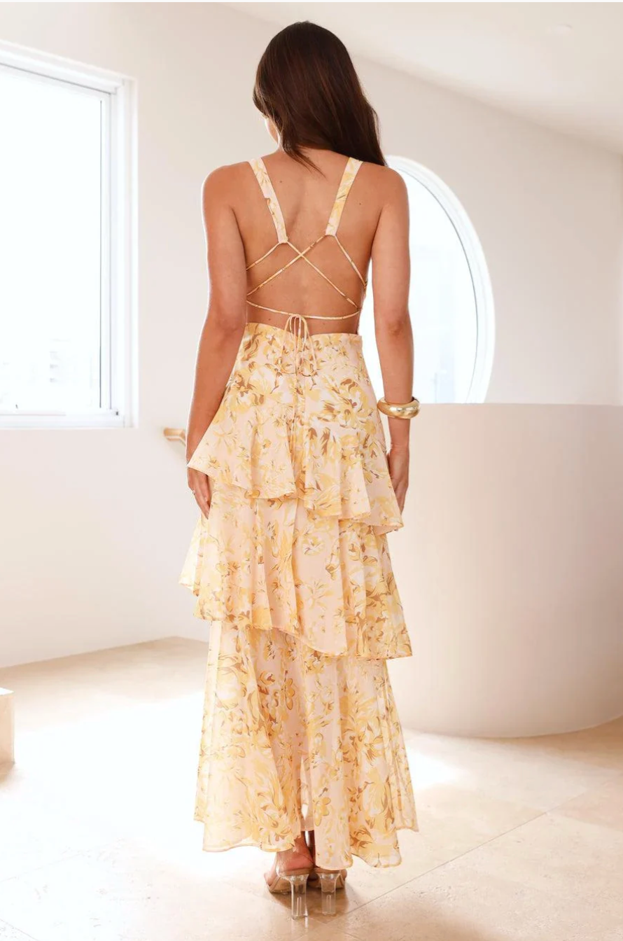 Damen-Maxikleid mit V-Ausschnitt und Volants, florales Muster