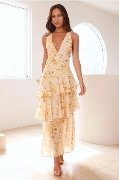 Damen-Maxikleid mit V-Ausschnitt und Volants, florales Muster