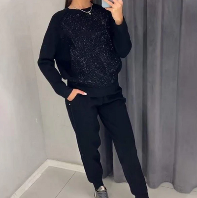 Set 2 Teile Strass Sweatshirt und Casual Hose für Damen