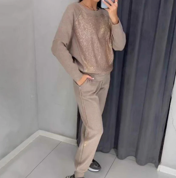 Set 2 Teile Strass Sweatshirt und Casual Hose für Damen
