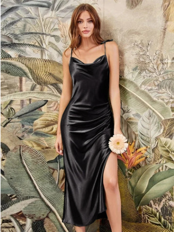 Skylar - Salbeigrüne Satin-Maxikleid Eleganter Wasserfallkragen