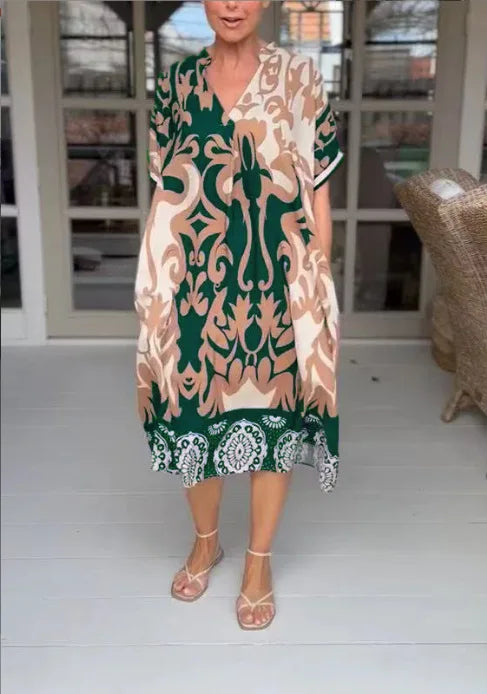 Rilana - V-Ausschnitt Und Lockeres Bedrucktes Midi Kleid