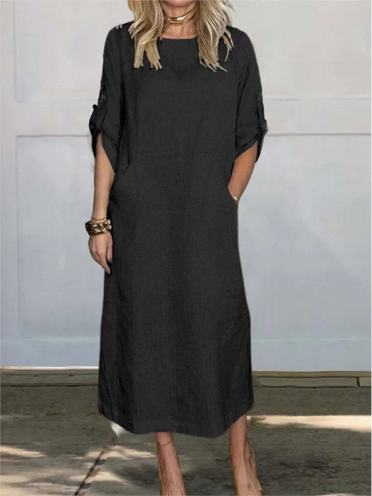 Stella™ - Stilvolles, bequemes, lockeres Leinenkleid mit kurzen Ärmeln