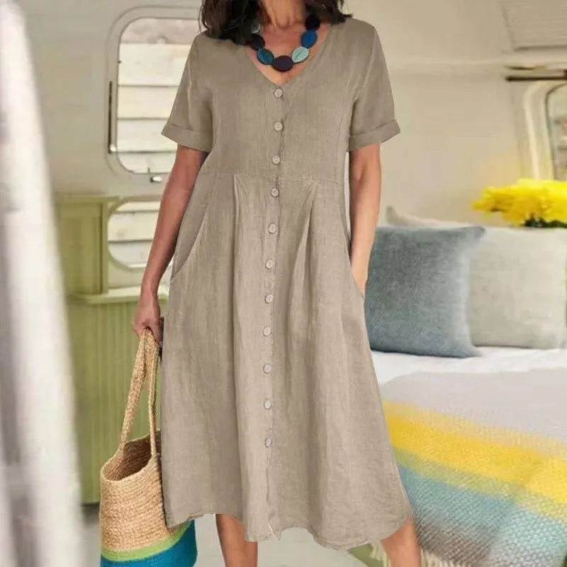 Sophie™ - Retro V-Ausschnitt Baumwoll-Leinen Lockeres Sommerkleid