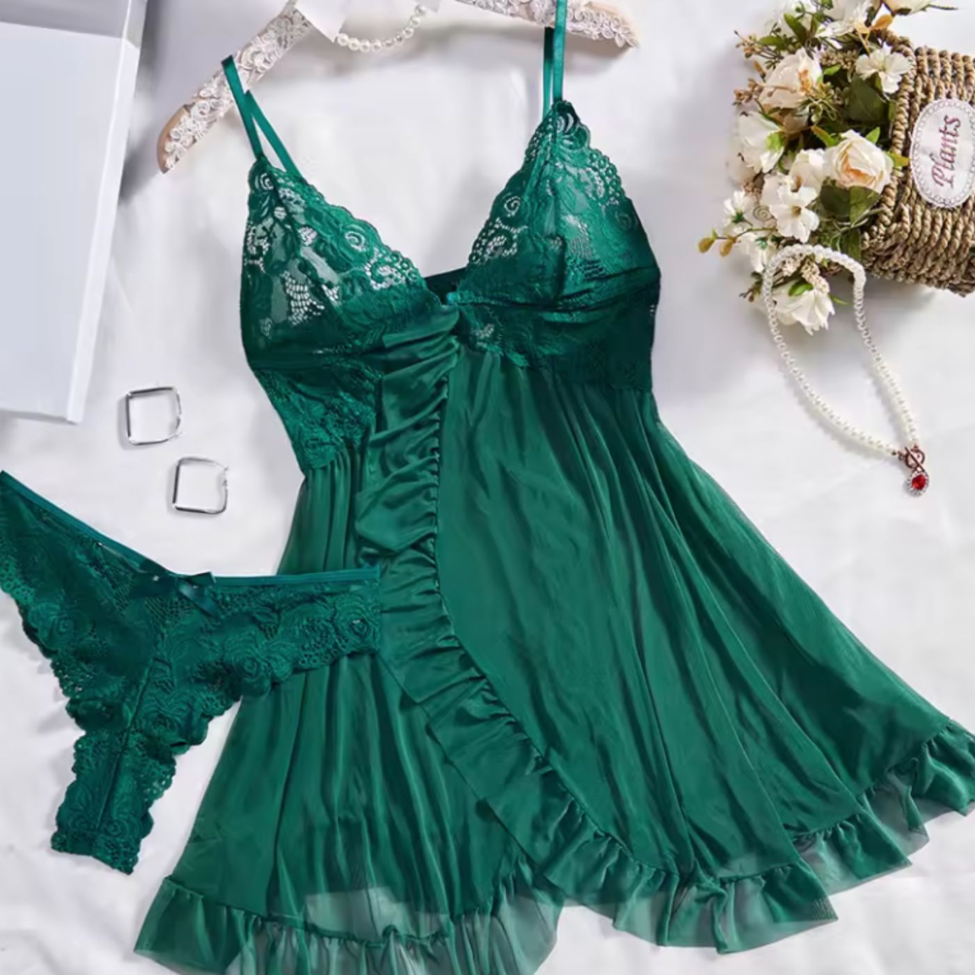 Spitzen-Babydoll | Transparente Eleganz | Verspielter Volantsaum