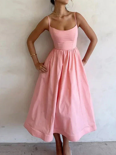 Sommerliche Damen A-Linien Midi-Kleid mit Spaghettiträgern – Elegant & Feminin