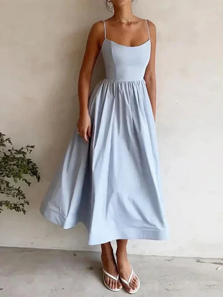 Sommerliche Damen A-Linien Midi-Kleid mit Spaghettiträgern – Elegant & Feminin
