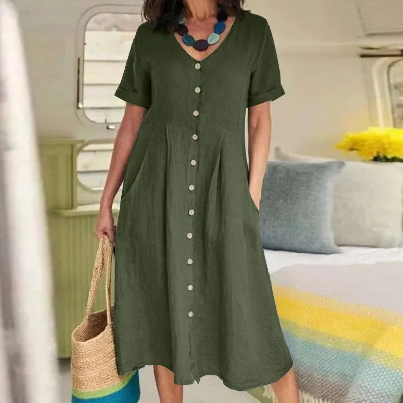 Sophie™ - Retro V-Ausschnitt Baumwoll-Leinen Lockeres Sommerkleid