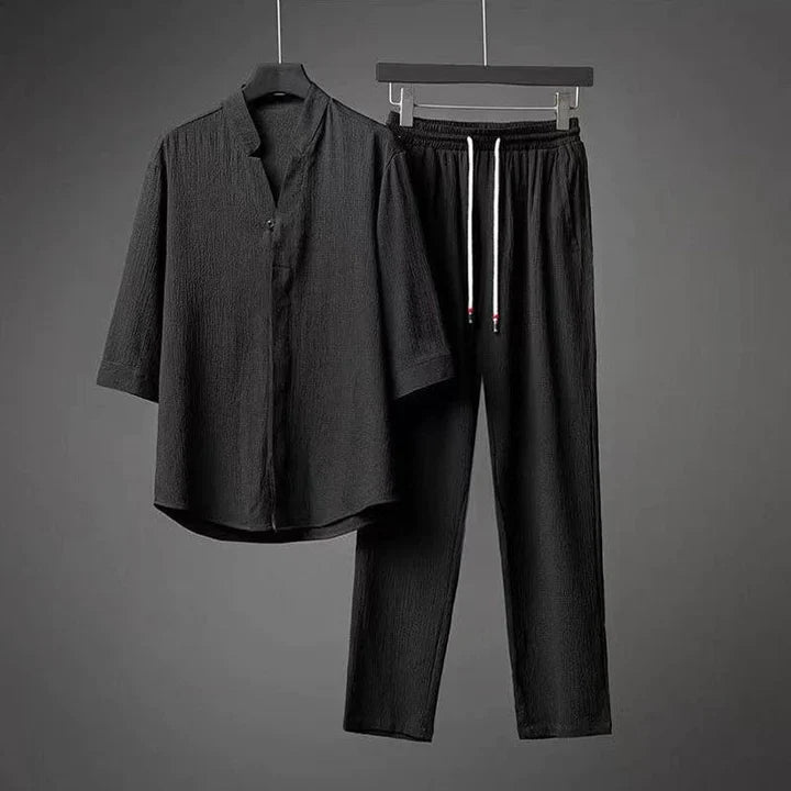 Zweiteiliges Herren-Sommer-Lounge-Set aus Leinen – Hemd und Shorts