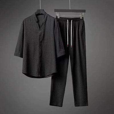 Zweiteiliges Herren-Sommer-Lounge-Set aus Leinen – Hemd und Shorts