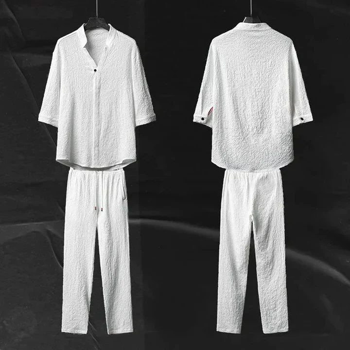 Zweiteiliges Herren-Sommer-Lounge-Set aus Leinen – Hemd und Shorts