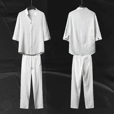 Zweiteiliges Herren-Sommer-Lounge-Set aus Leinen – Hemd und Shorts