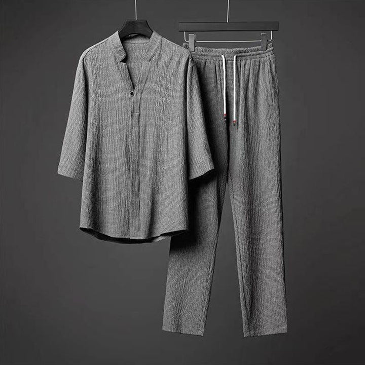Zweiteiliges Herren-Sommer-Lounge-Set aus Leinen – Hemd und Shorts