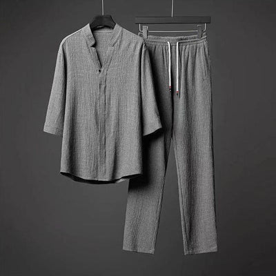 Zweiteiliges Herren-Sommer-Lounge-Set aus Leinen – Hemd und Shorts