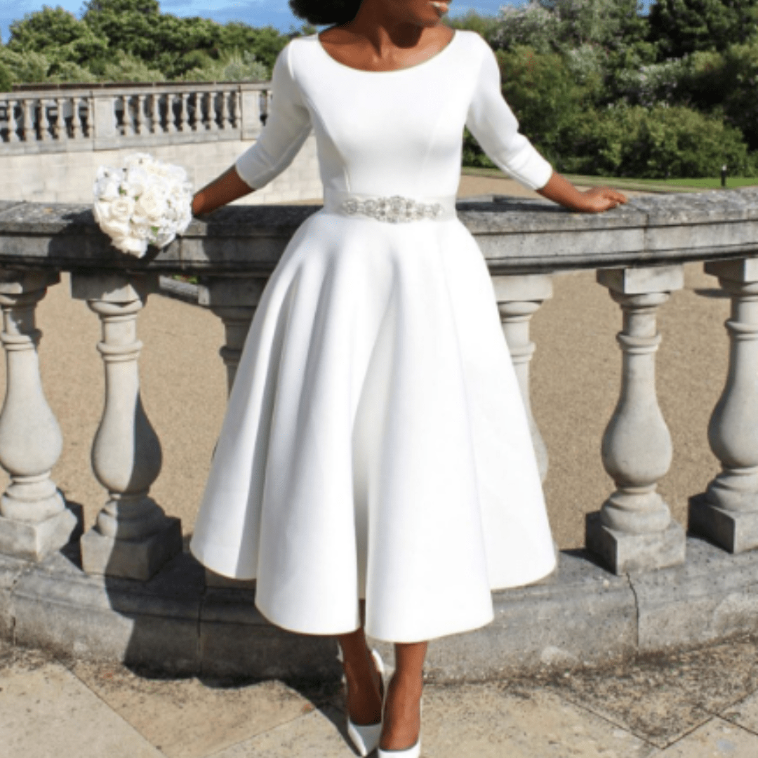 Midikleid mit 3/4-Ärmeln | Ausgestellter Rock | Femininer Rundhalsausschnitt