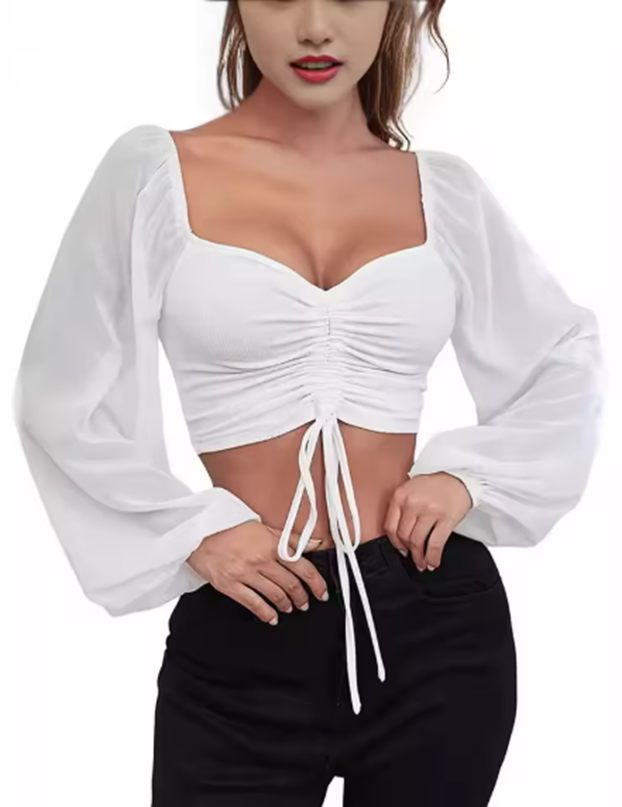 Elegantes Crop-Top | Transparente Ärmel & Raffung | Feminin & Modern
