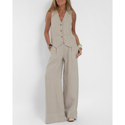 Zweiteiliges Damen-Set – ärmelliges Oberteil und hoch taillierte Hose