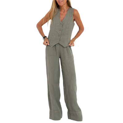 Zweiteiliges Damen-Set – ärmelliges Oberteil und hoch taillierte Hose