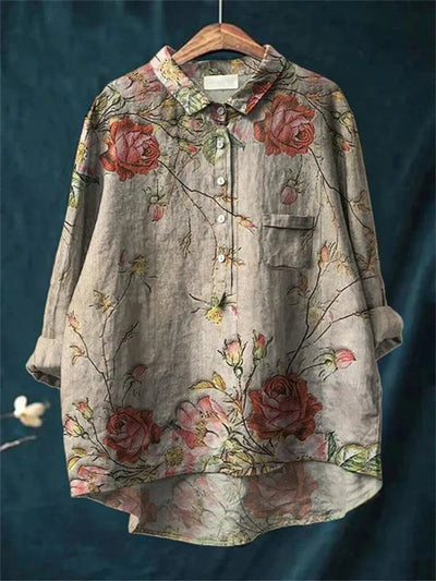 Sophina - Vintage Retro Blumendruck Baumwoll-Leinen Hemd