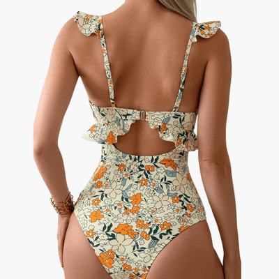 Badeanzug Damen - Floraler Einteiler mit Rüschen & Cut-Out