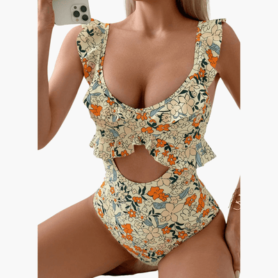 Badeanzug Damen - Floraler Einteiler mit Rüschen & Cut-Out