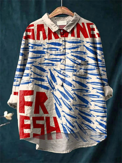 Sophia - Vintage Fisch Sardinen Kunstdruck Baumwolle Leinen Hemd