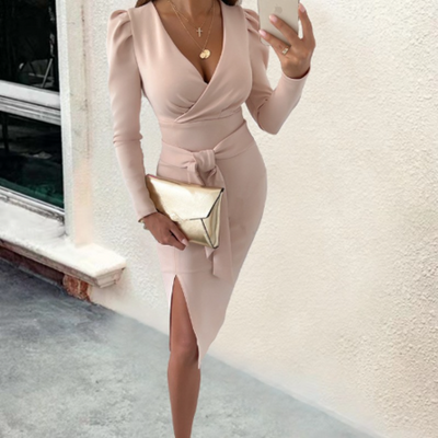 Ulaine™ | Langärmeliges Midikleid mit V-Ausschnitt