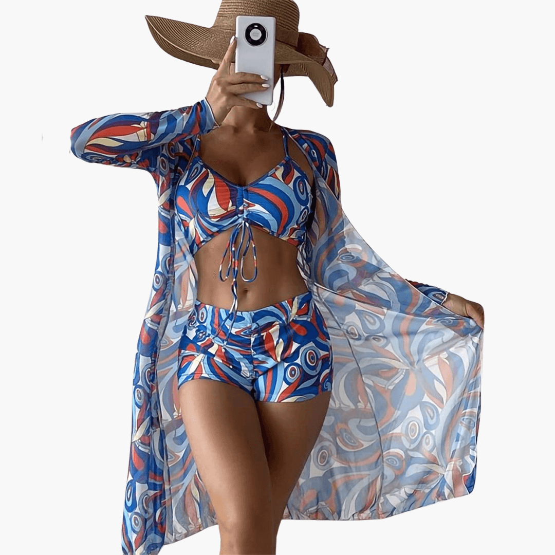 Bikini-Set mit V-Ausschnitt für Damen – Batik-Überwurf inklusive