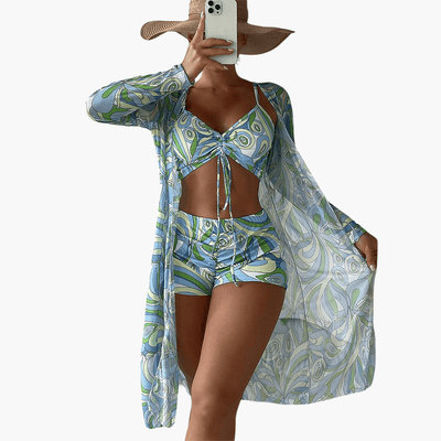 Bikini-Set mit V-Ausschnitt für Damen – Batik-Überwurf inklusive